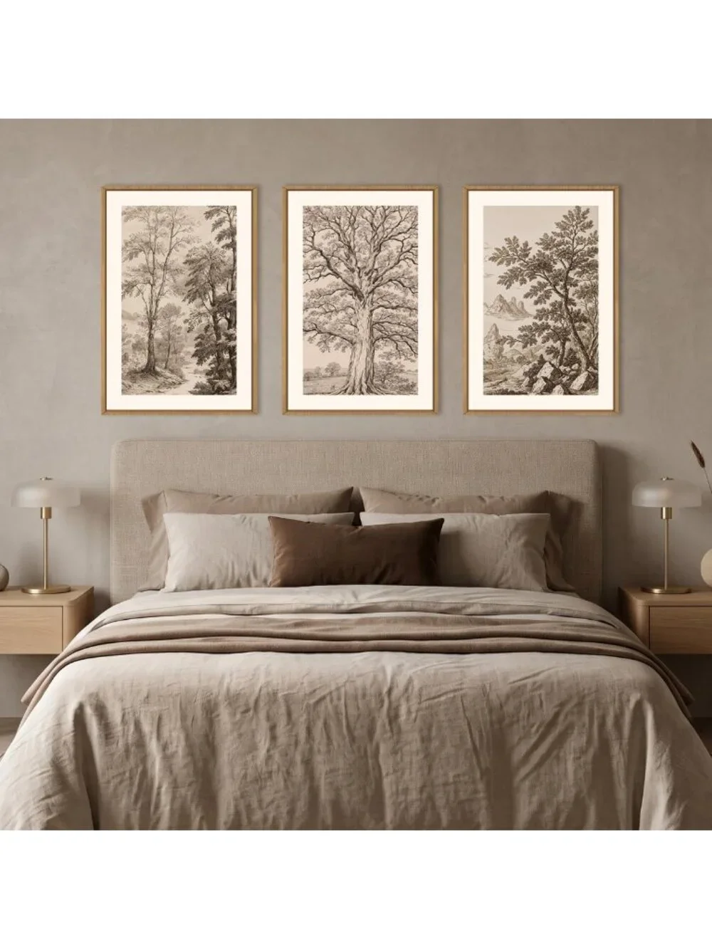 Vintage Tree Sketch Framed Canvas Wall Art Set - 3 Piece Home Decor, 16